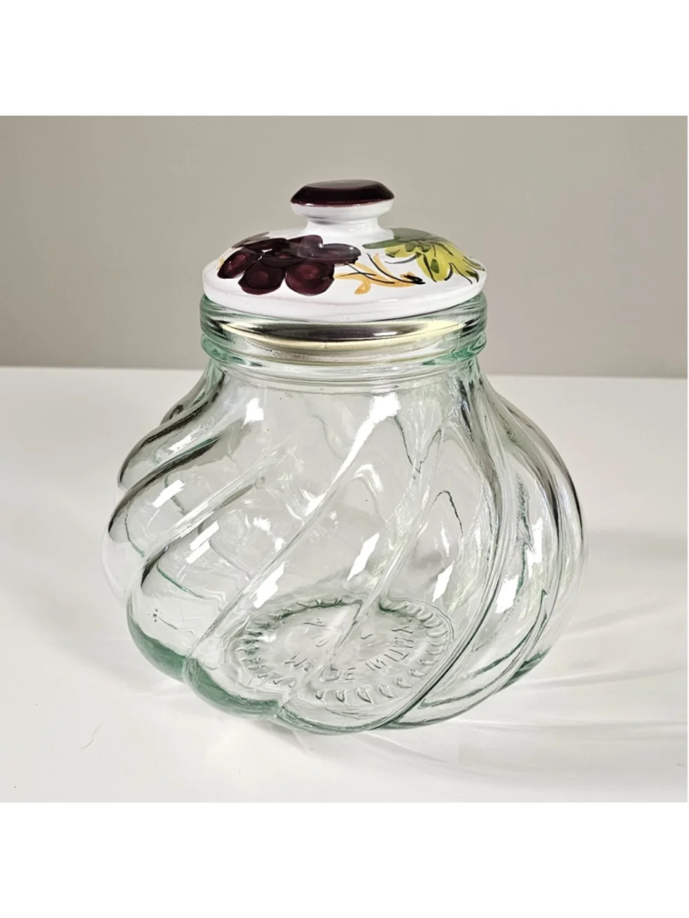 Vintage Italian SVE Glass Storage Jar Swirl Kitchen Canister Handpainted Lid